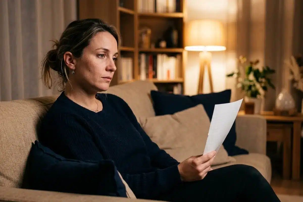 Femme seule, l'air fatigué, tenant une liste de tâches domestiques