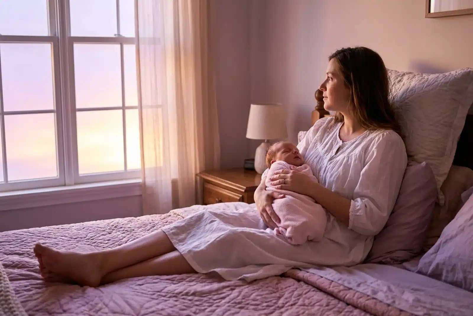 Combien de temps dure le baby blues - mere et nouveau-ne au lever du jour Jeune mere tenant son nouveau-ne au lever du jour, regard pensif, illustration du baby blues post-partum