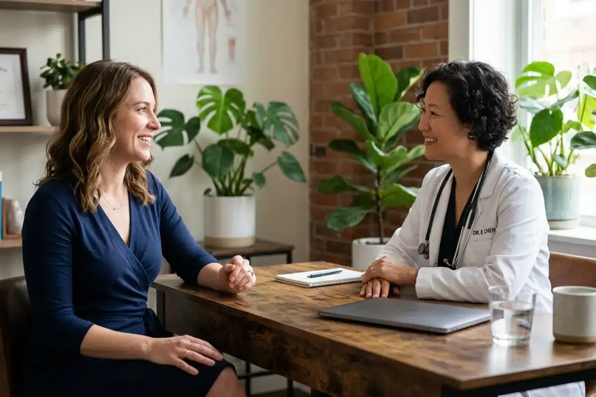 Consultation avec une sage-femme pour rééducation périnéale Patiente et professionnelle de santé en consultation, échangeant sur la rééducation périnéale pendant les règles