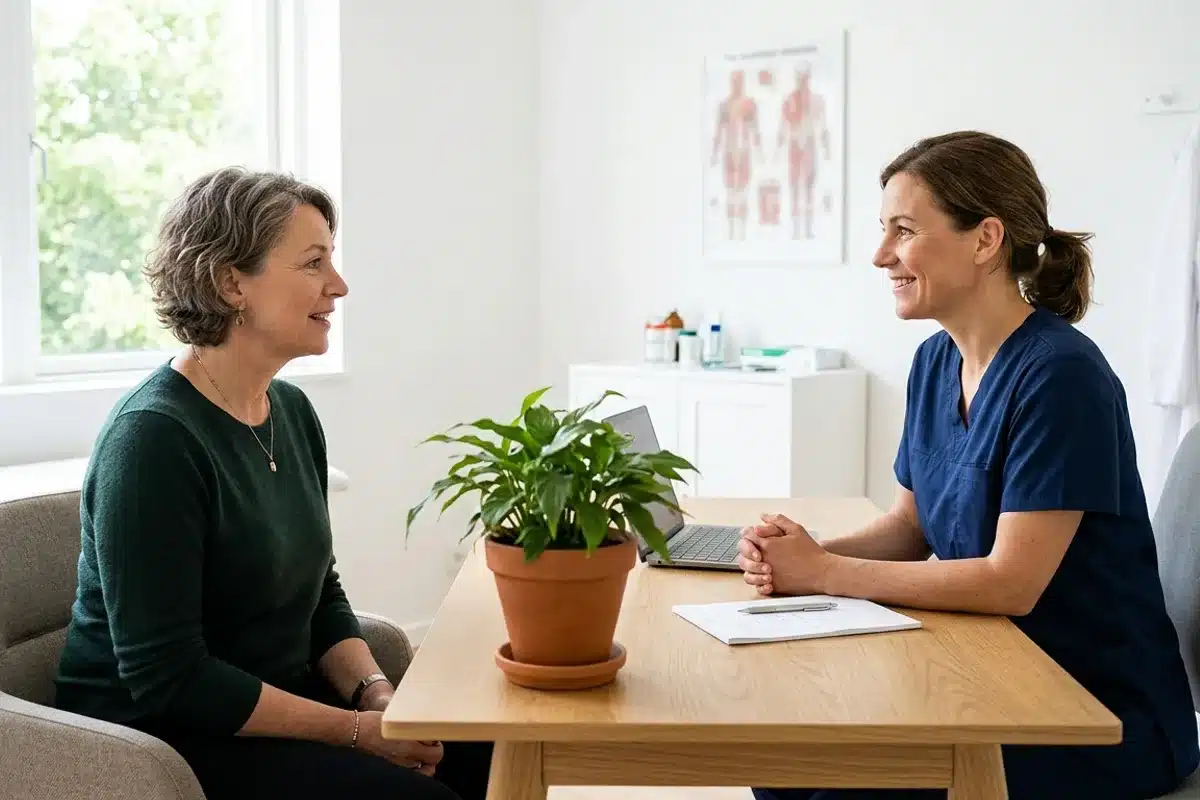 Consultation médicale pour une descente d'organe Femme en consultation avec une professionnelle de santé dans un cabinet médical lumineux