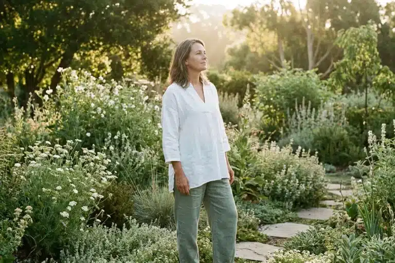Femme sereine dans son jardin, libérée de la honte autour de la descente d'organe