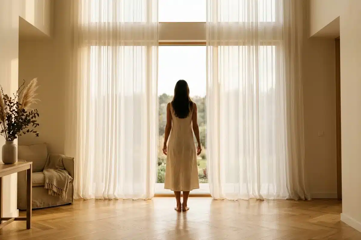 Silhouette de femme de dos devant une grande fenêtre aux voilages blancs, lumière dorée du matin, moment d'introspection