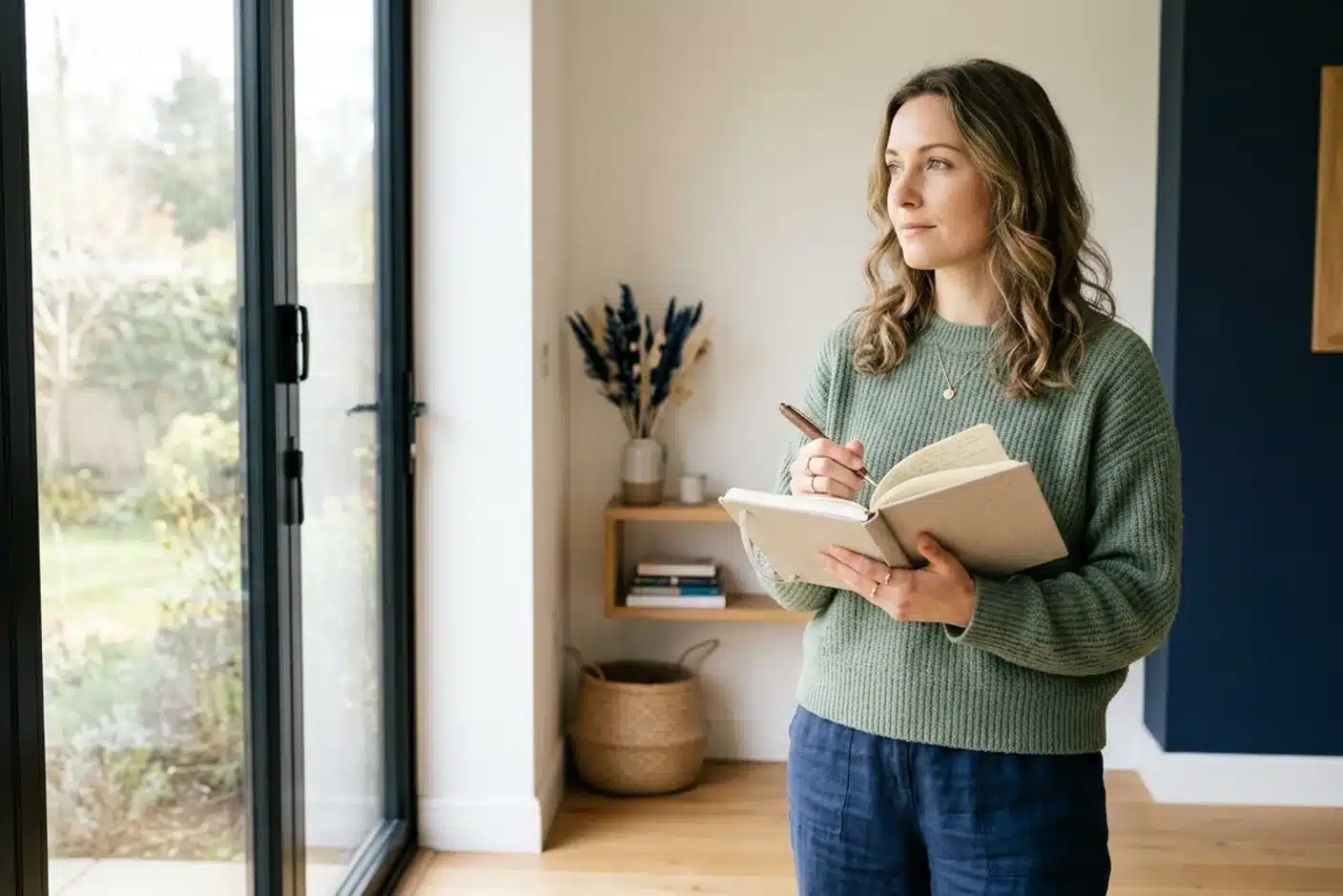 Femme prenant soin d'elle malgré l'endométriose Femme tenant un carnet près d'une fenêtre lumineuse, dans une attitude sereine et réfléchie