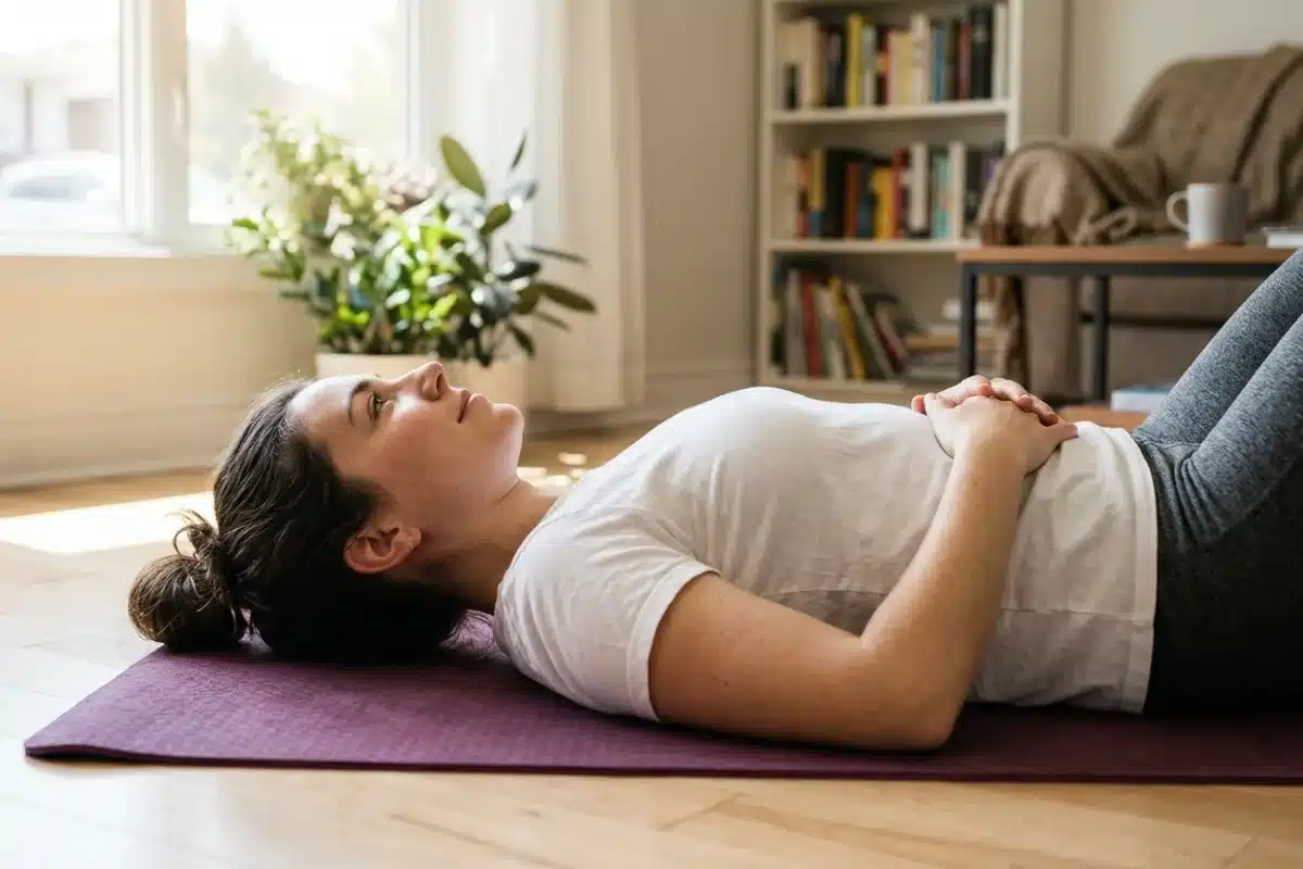 Exercices de respiration périnéale à domicile Femme allongée sur un tapis de yoga, pratiquant des exercices de respiration abdominale pour la rééducation périnéale