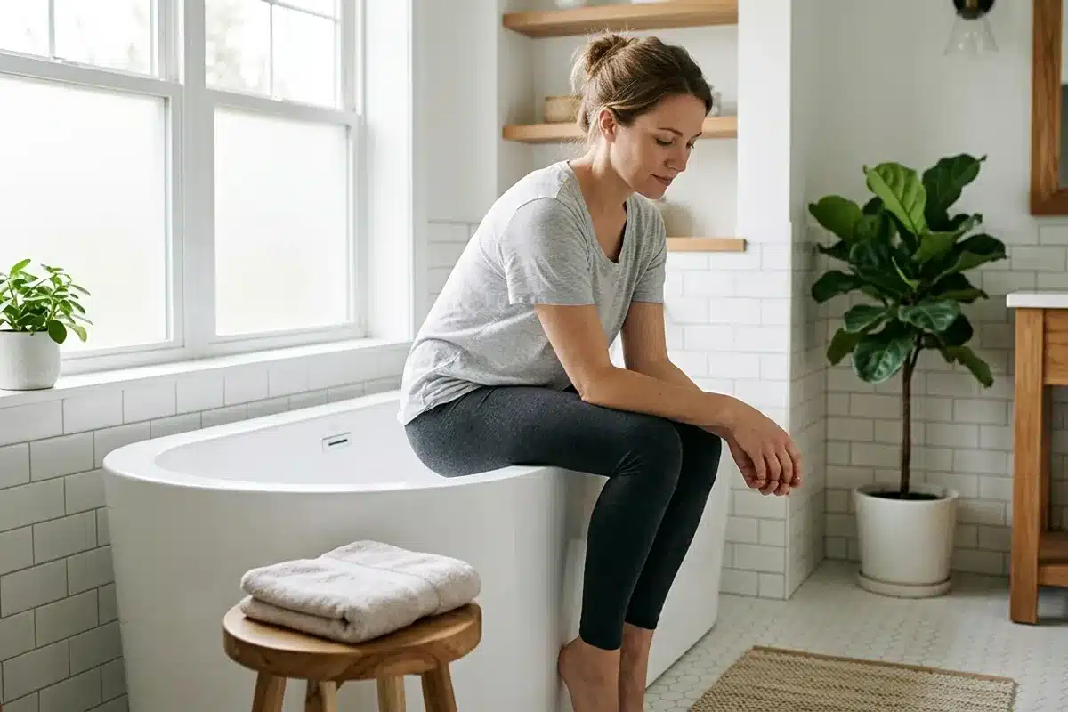 Femme assise dans une salle de bain lumineuse, attitude détendue et sereine