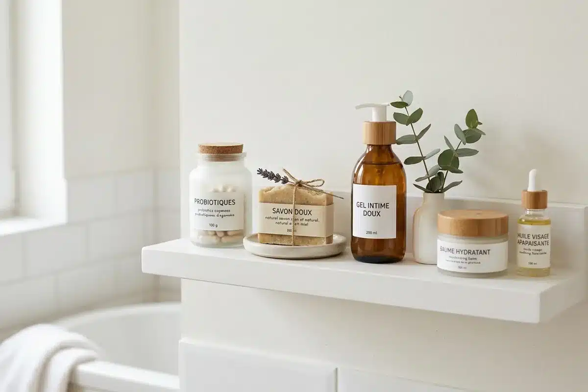 Produits d'hygiène intime naturels sur étagère salle de bain Étagère de salle de bain avec savon doux, probiotiques et produits d'hygiène naturels pour prévenir la vaginose