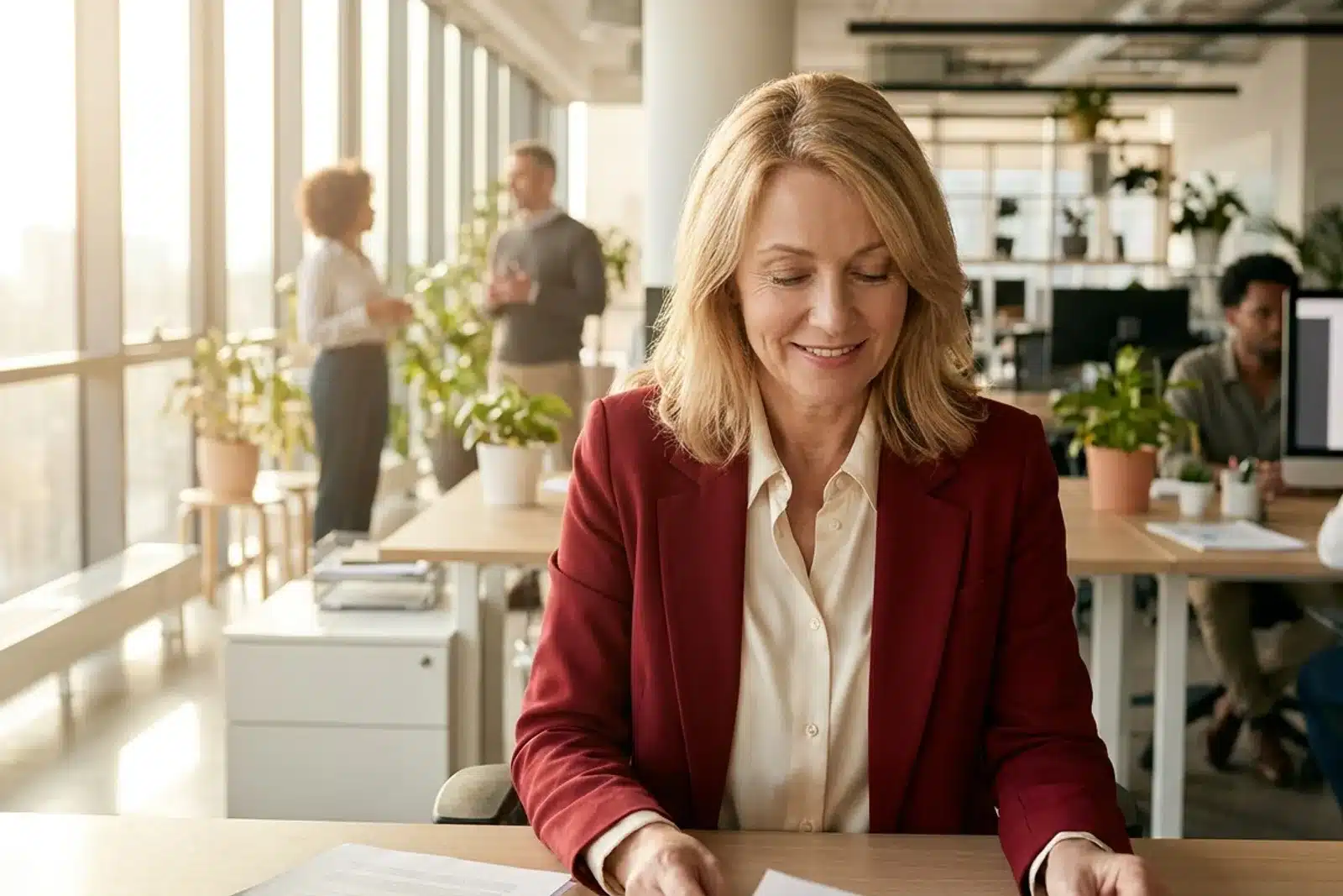Femme de 50 ans concentrée à son bureau, ménopause au travail et maintien de l'activité professionnelle