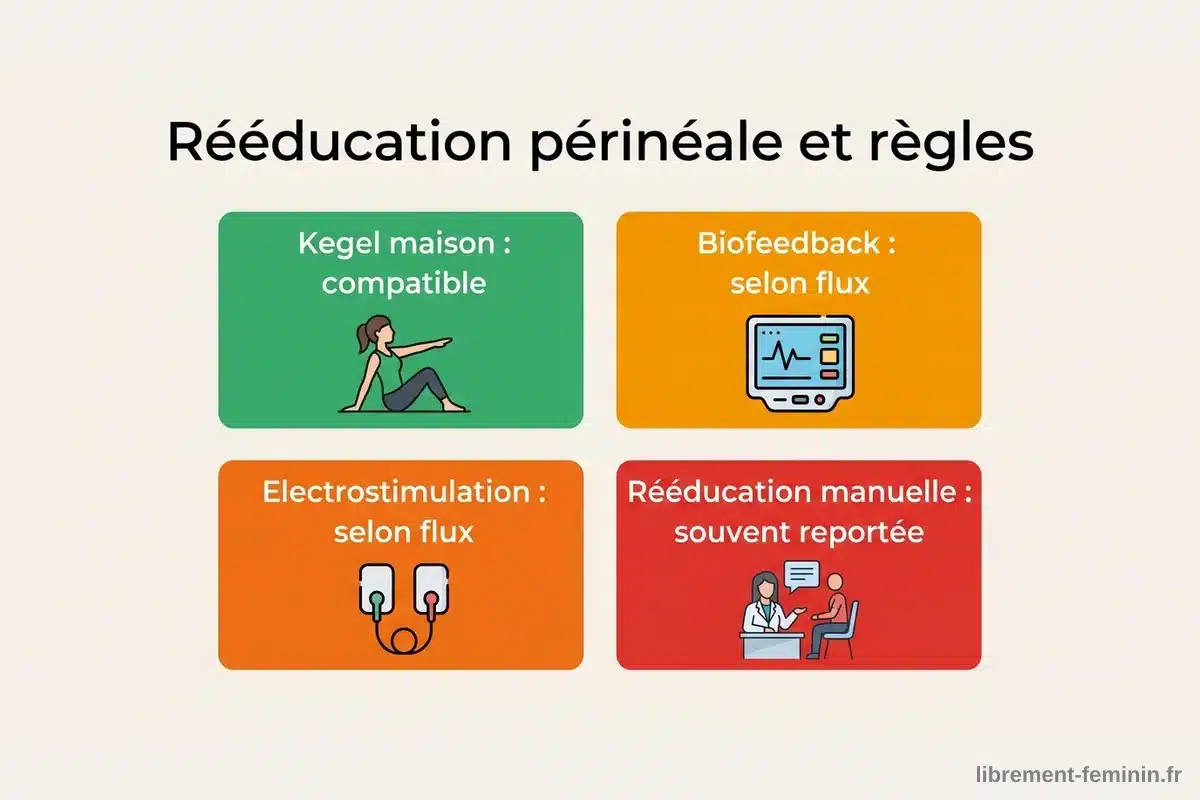 Méthodes de rééducation périnéale et règles, comparatif Infographie comparant la compatibilité des méthodes de rééducation périnéale avec les menstruations