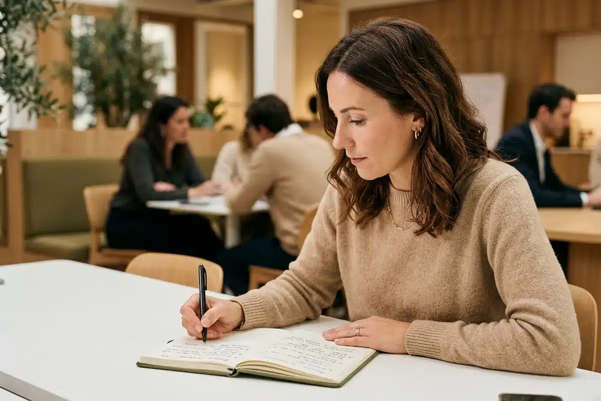 Femme prenant des notes en réunion Femme prenant des notes lors d'une réunion professionnelle, tâches invisibles au bureau