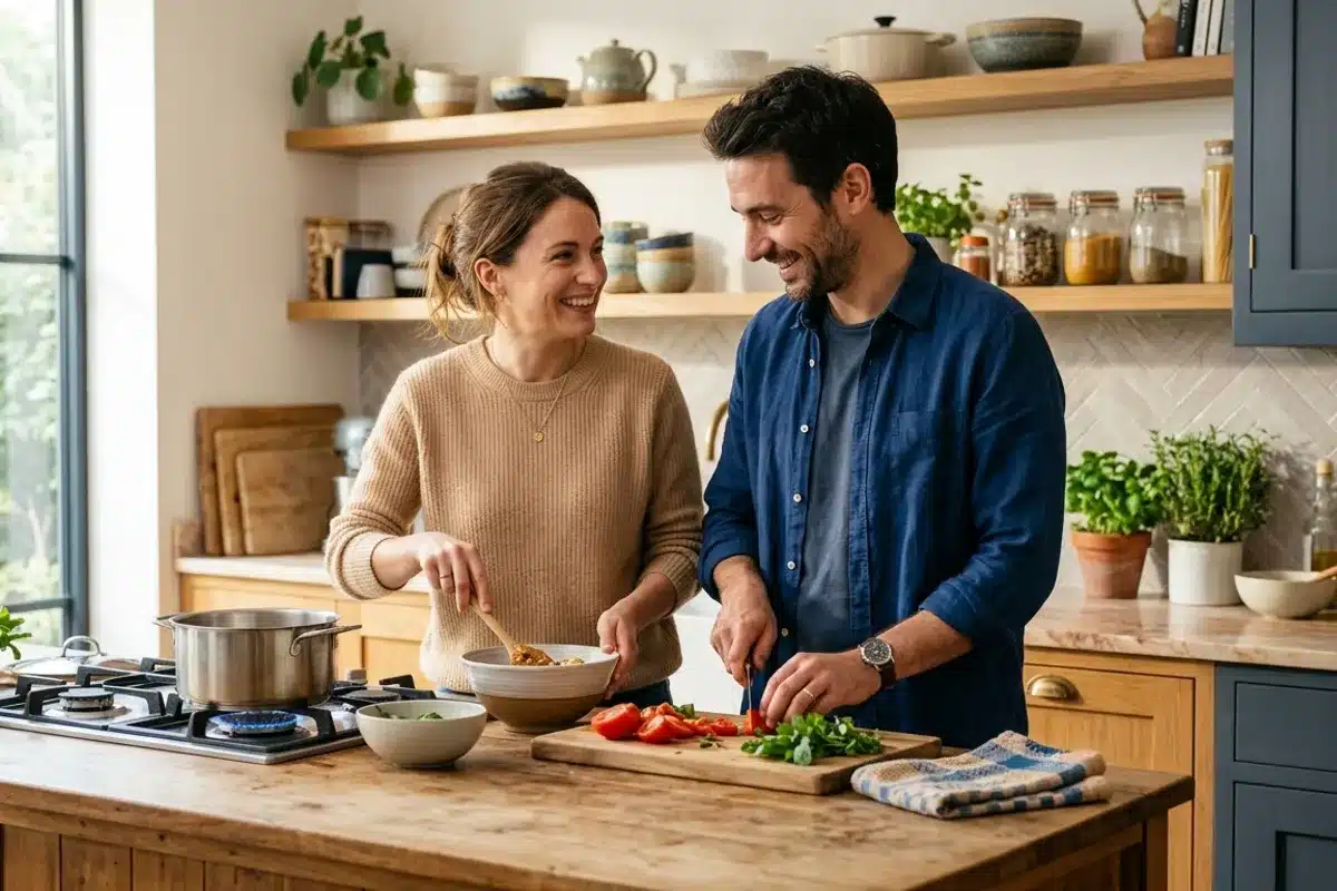 Femme et homme préparant le repas ensemble dans une cuisine, ambiance détendue