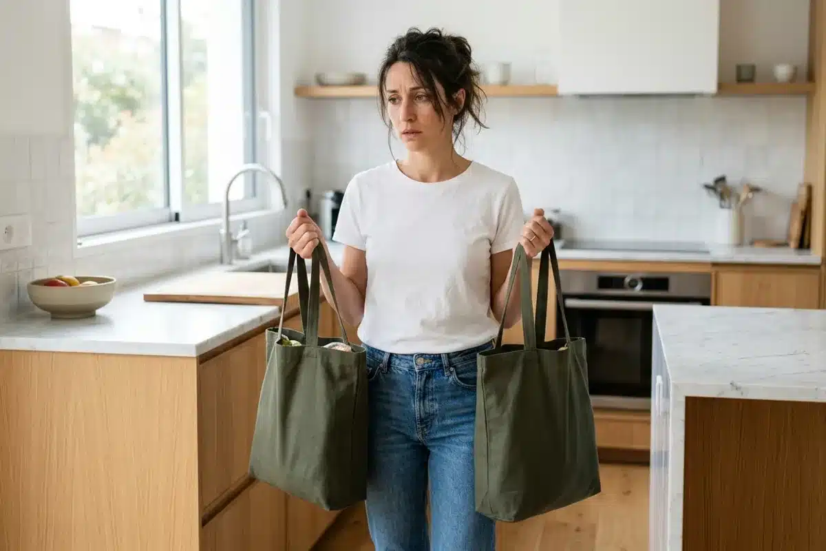 Femme dans sa cuisine, le poids du quotidien maternel Femme seule dans une cuisine lumineuse, air préoccupé, sacs de courses à la main