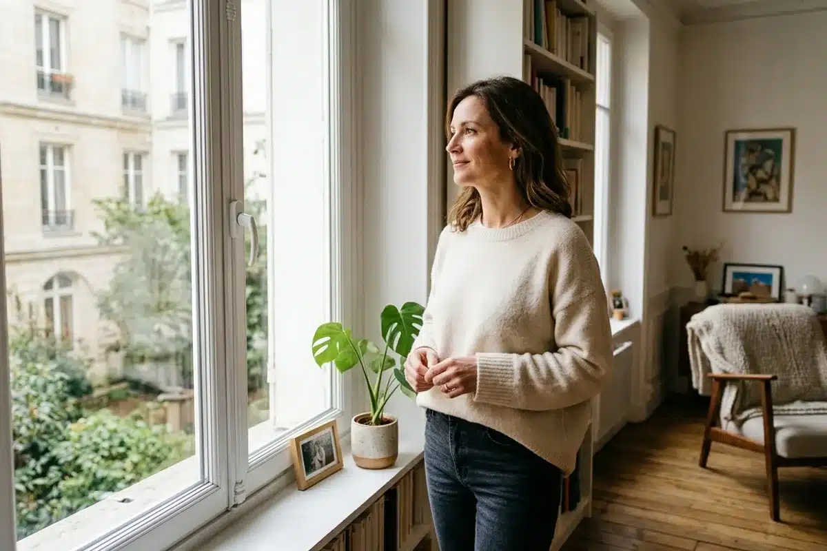 Femme d'une quarantaine d'années sereine debout près d'une fenêtre, prête à prendre en charge sa santé périnéale