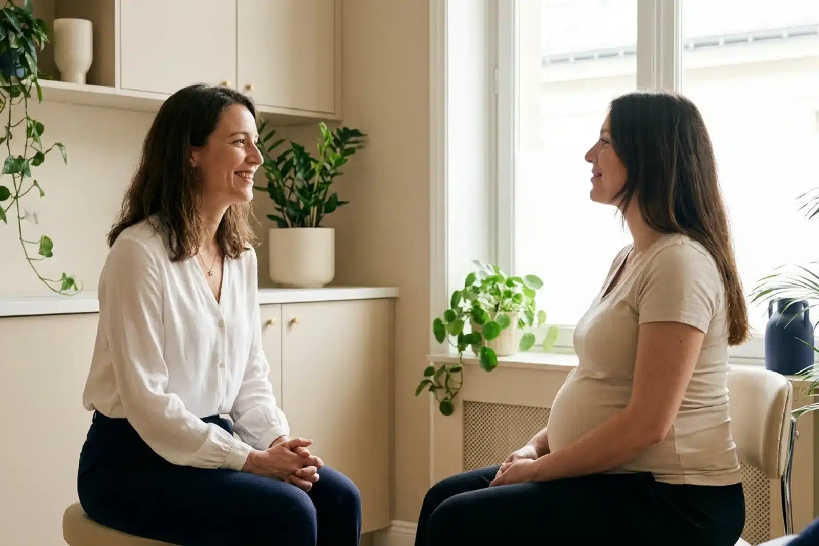 Sage-femme et patiente en consultation de rééducation périnéale dans un cabinet médical chaleureux