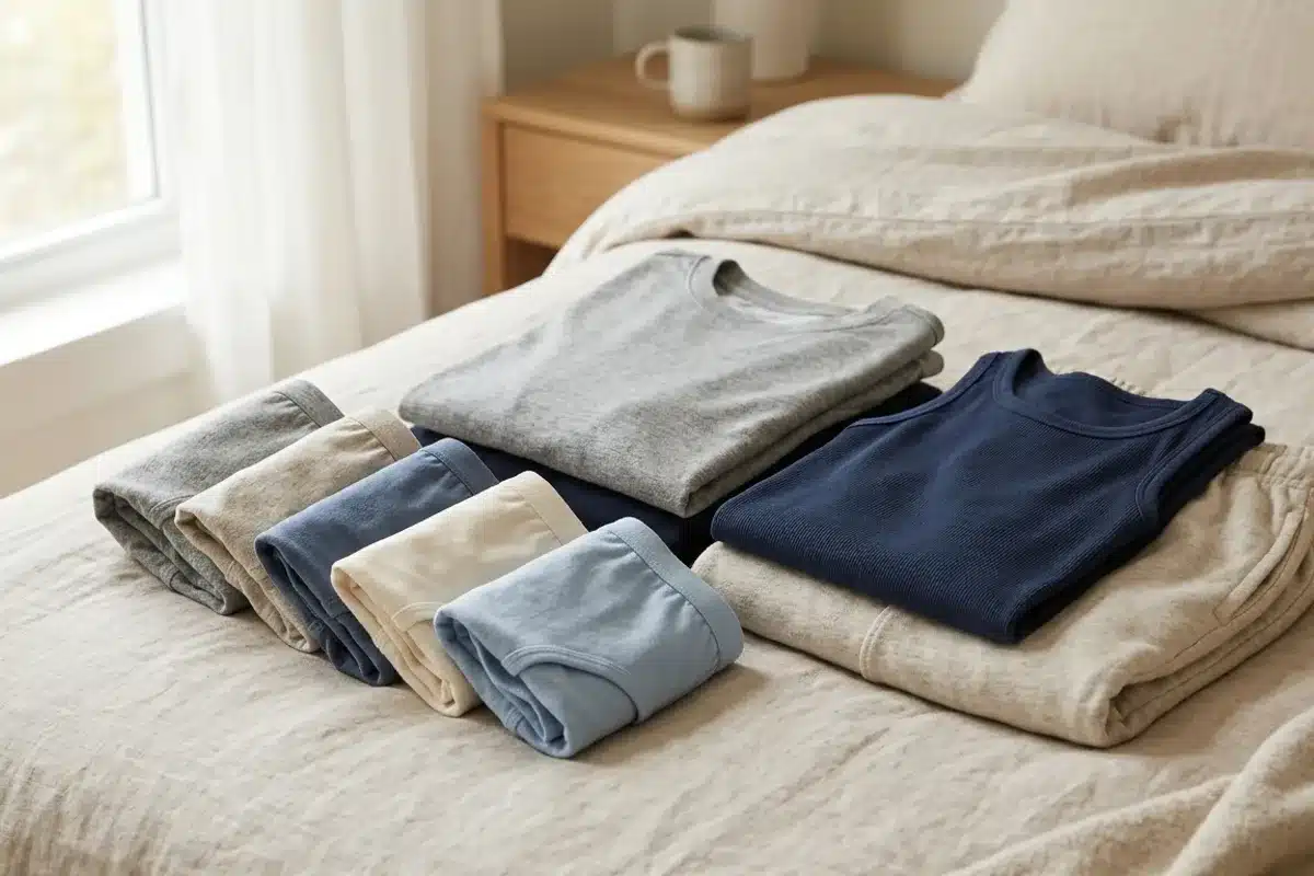 Vêtements en coton doux pour prévenir les boutons fessiers Sous-vêtements et vêtements en coton doux pliés sur un lit, pour prévenir les irritations et boutons sur les fesses