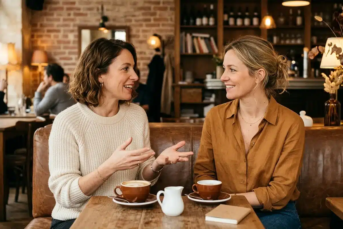 Deux femmes en conversation dans un café, soutien mutuel Deux femmes assises dans un café, l'une écoute l'autre avec bienveillance et attention