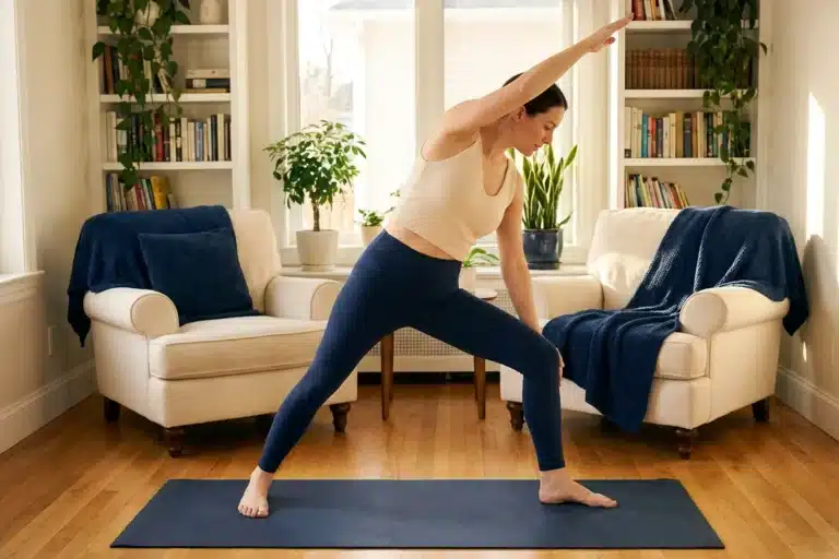 Femme en tenue sport pratiquant le yoga doux dans un salon lumineux, illustration du sport compatible avec la rééducation périnéale
