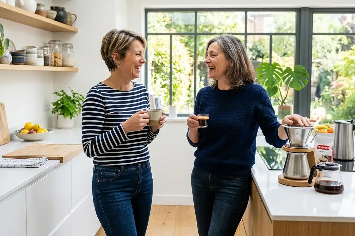 Deux amies en cuisine partagent un café - reconstruction après le nid vide Deux femmes d'une cinquantaine d'années échangeant un sourire dans une cuisine lumineuse autour d'un café