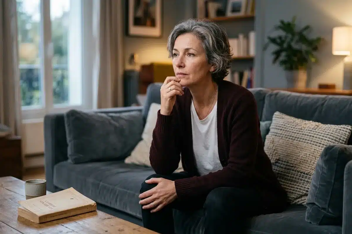 Femme sur son canapé, introspective - syndrome du nid vide Femme mature assise sur un canapé gris, regard perdu dans le vide, atmosphère intimiste et contemplative