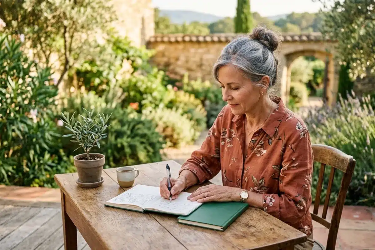 Femme écrivant dans un carnet sur une terrasse - nouveaux projets Femme d'une cinquantaine d'années écrivant dans un carnet sur une terrasse ensoleillée, symbolisant la reconstruction et de nouveaux projets