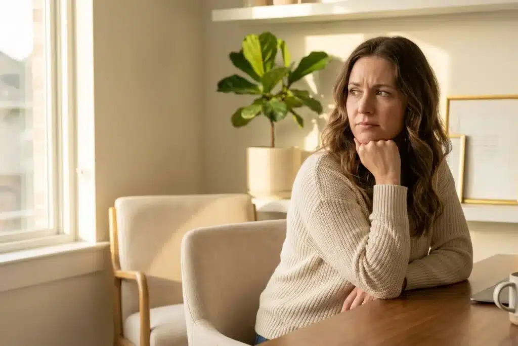 Femme à son bureau, concentrée, gérant son quotidien avec l'endométriose