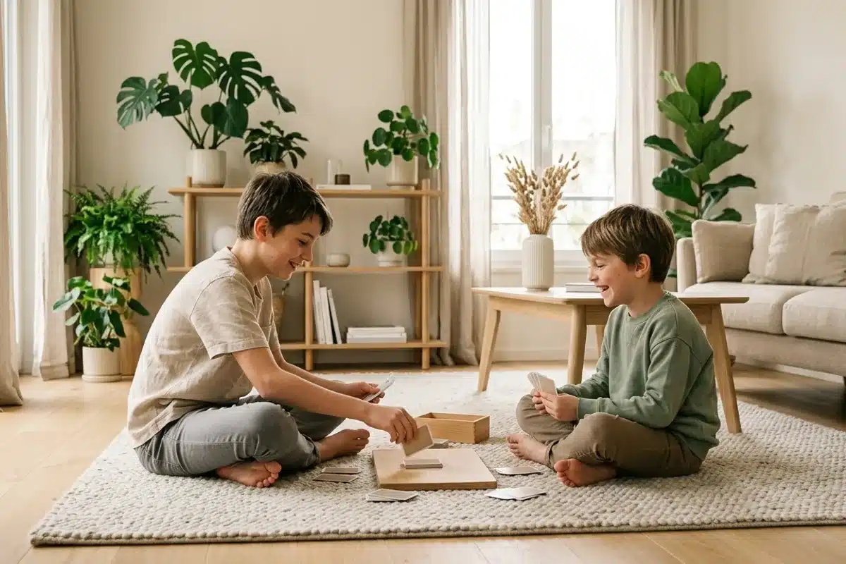 Deux enfants jouant dans un salon lumineux, dans une atmosphère sereine de famille organisée à deux foyers Deux enfants assis par terre dans un salon, jouant ensemble dans une ambiance familiale détendue
