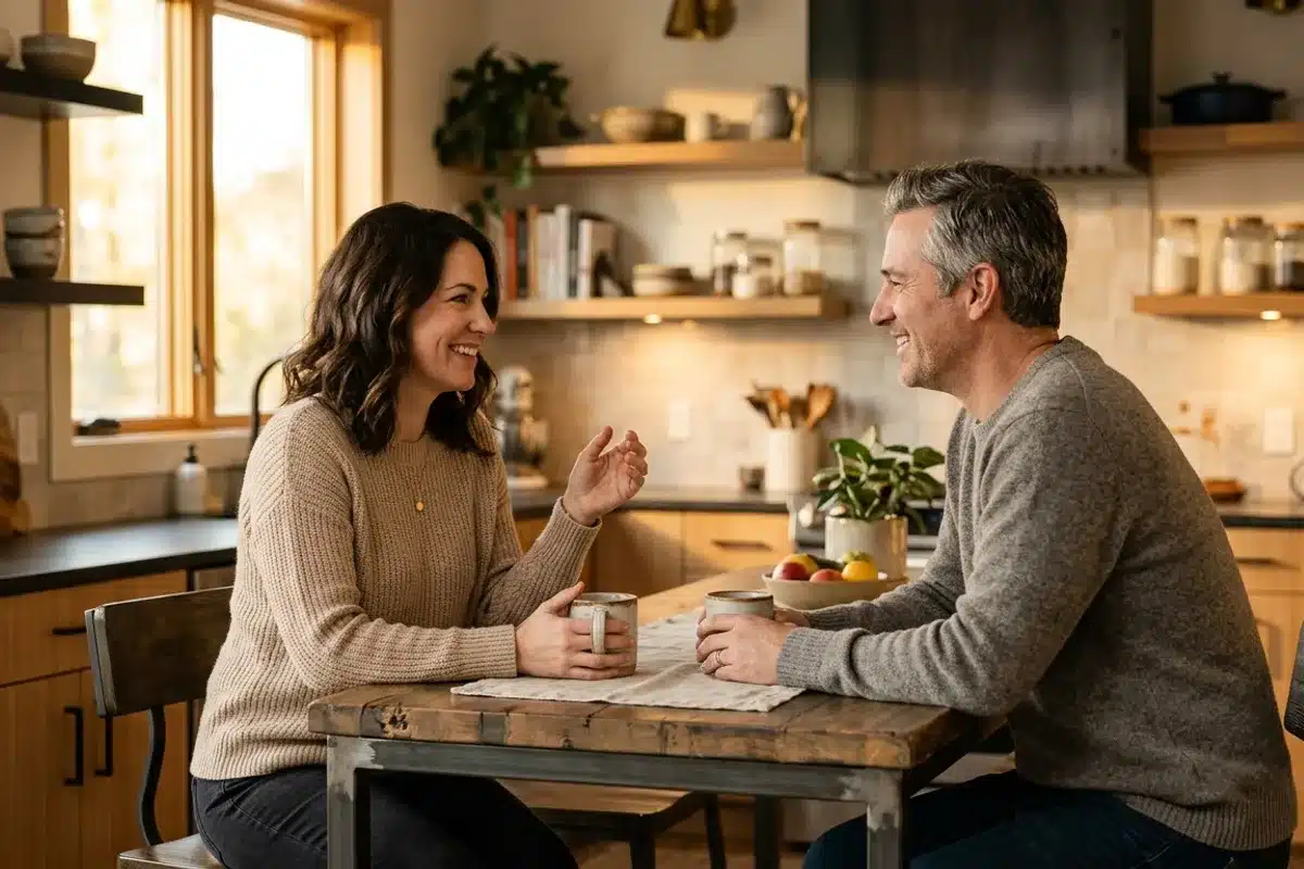 Couple en conversation complice dans une cuisine chaleureuse, illustrant la co-parentalité sereine du célicouple avec enfants Femme et homme d'une quarantaine d'années assis face à face à une table de cuisine, échangeant dans une ambiance détendue