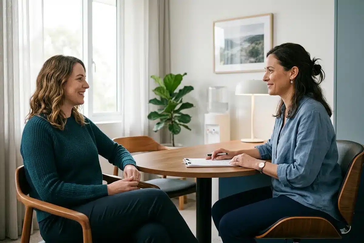 Consultation de santé au sujet du cycle menstruel Une femme échange avec une professionnelle de santé dans un cabinet lumineux