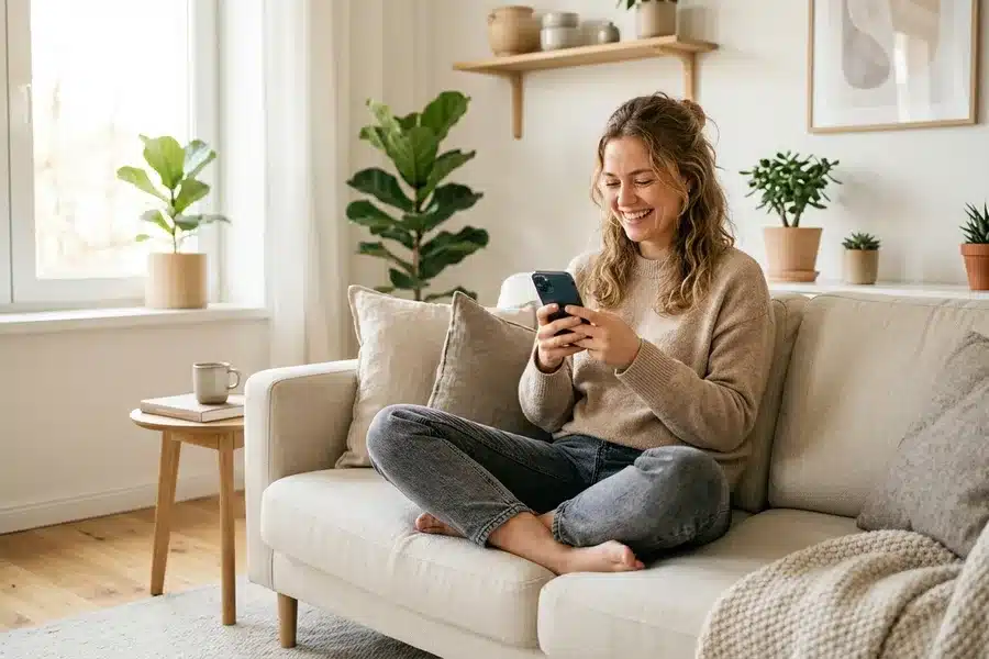 Relation en couple non cohabitant choisie et épanouie Femme détendue sur un canapé avec son téléphone, illustrant une relation non cohabitante épanouie