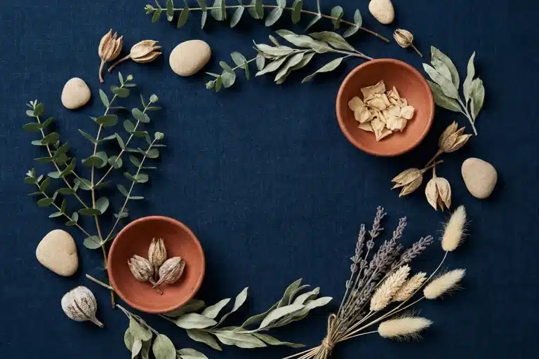 Cycle menstruel illustré par une composition végétale circulaire sur fond bleu nuit