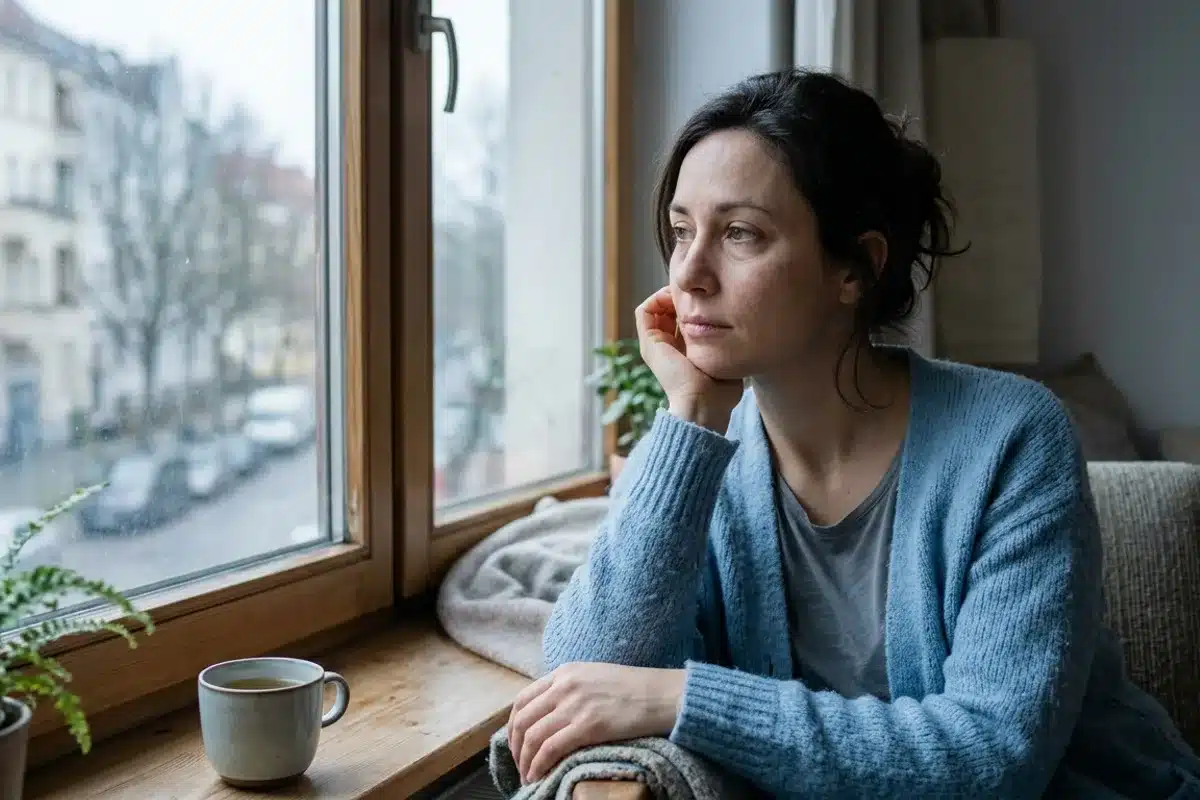 Émotions du post-partum près d'une fenêtre Femme pensive et fatiguée regardant par la fenêtre, évoquant les émotions du post-partum