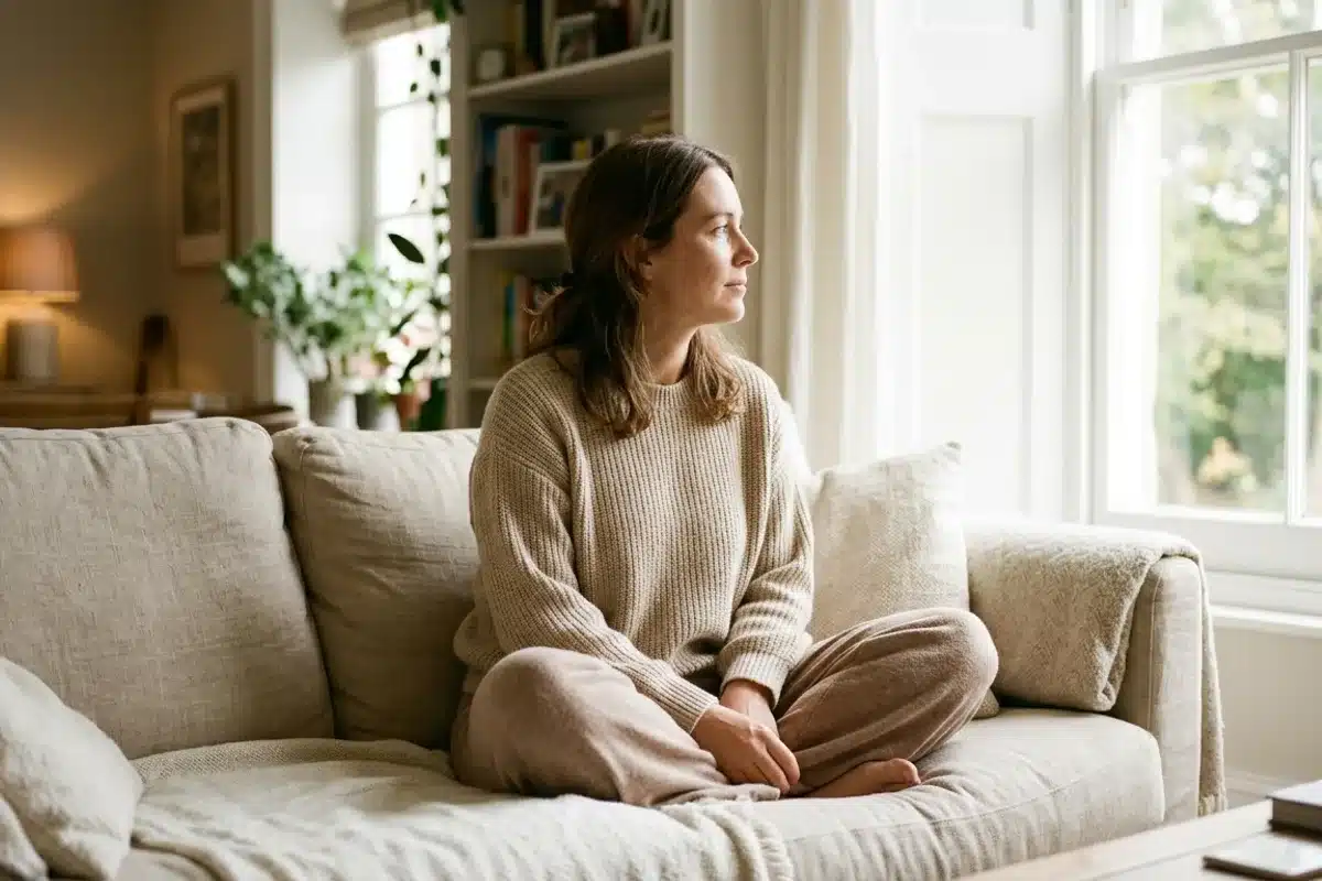 Vécu émotionnel ménopause précoce Femme dans la trentaine assise au canapé, expression réflexive, vécu de la ménopause précoce