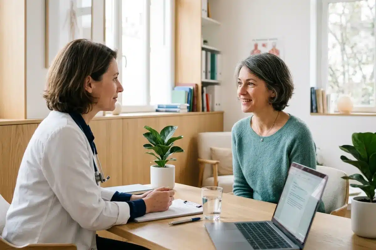 Consultation pour la périménopause Femme échangeant avec une médecin dans un cabinet lumineux, consultation au sujet de la périménopause.