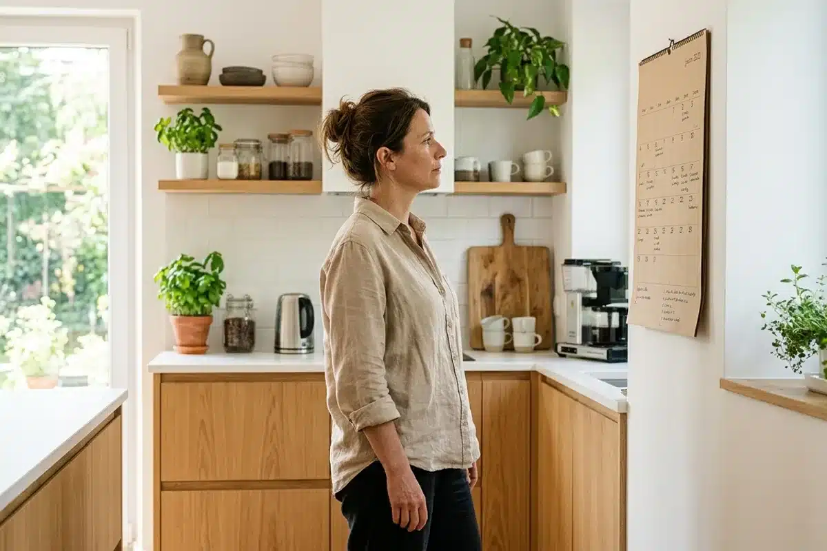 Cycles irréguliers à la périménopause Femme observant un calendrier mural dans une cuisine lumineuse, illustrant les cycles irréguliers de la périménopause.