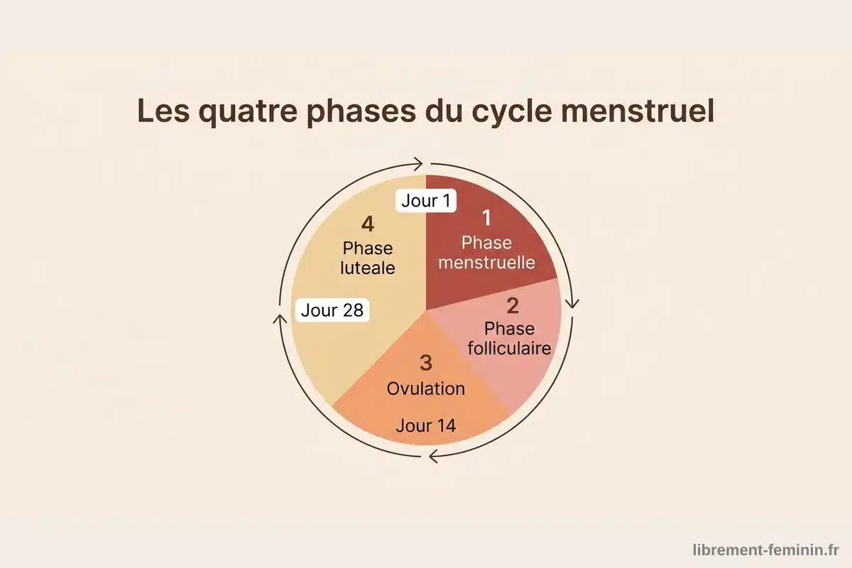 Schéma des quatre phases du cycle menstruel Schéma circulaire des quatre phases du cycle menstruel avec les jours repères