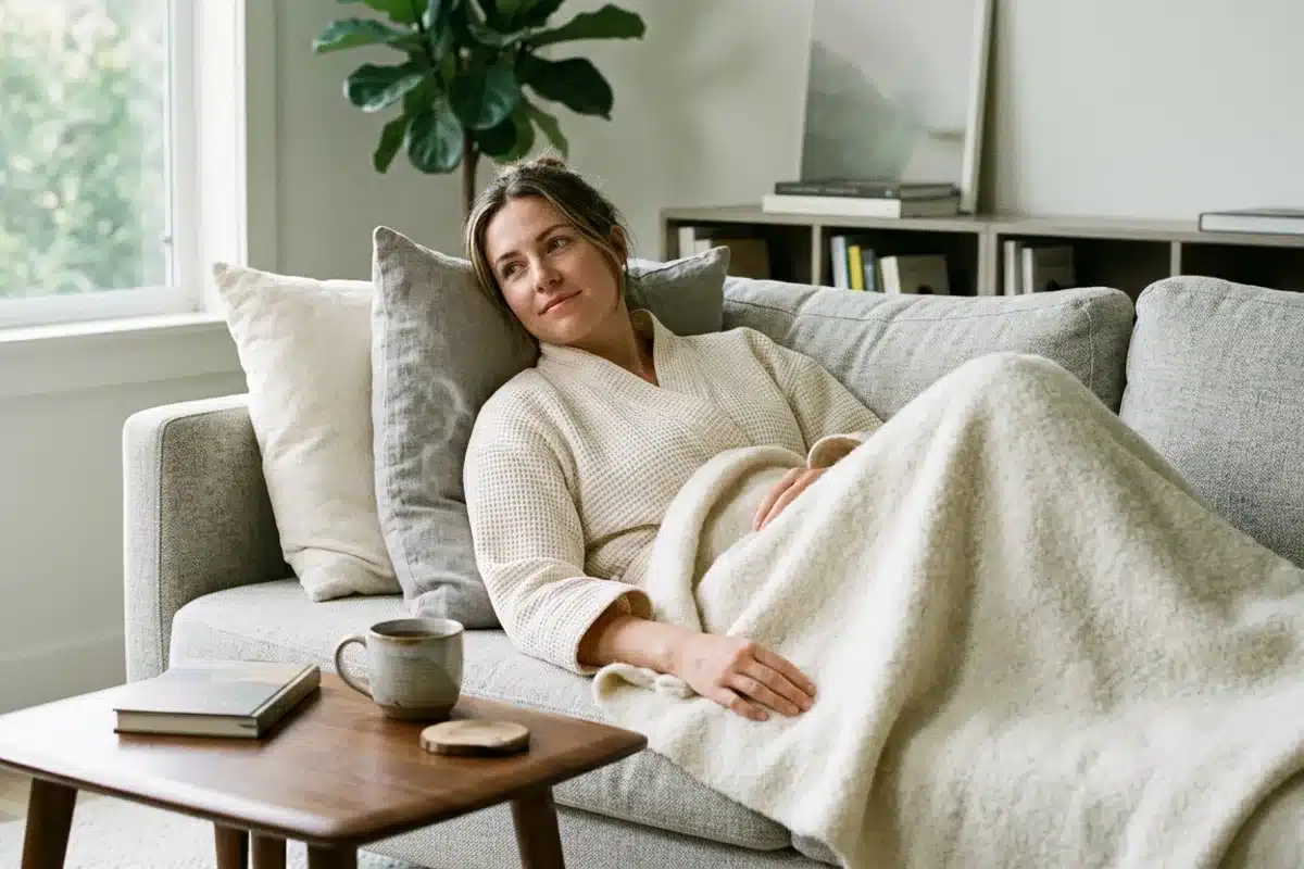 Repos après l'accouchement sur un canapé Femme en peignoir se reposant sur un canapé avec une tisane pendant le post-partum