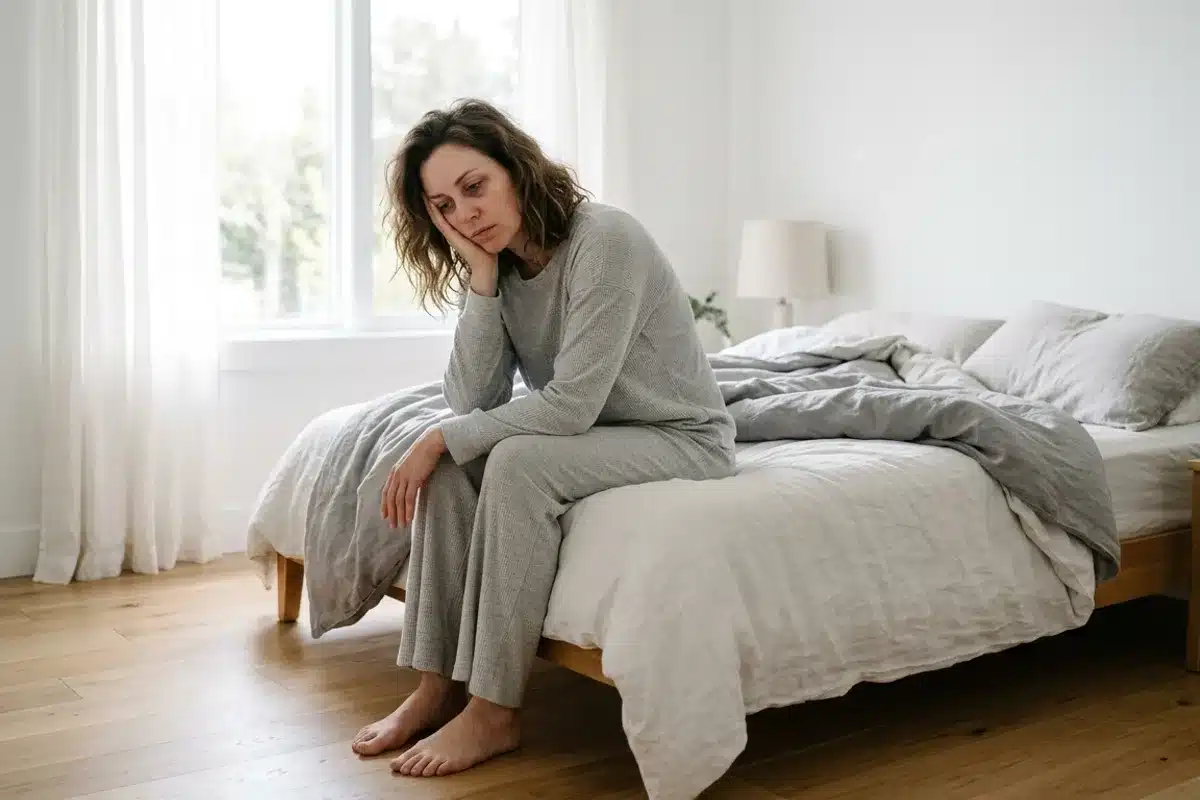 Symptômes de la ménopause précoce Femme fatiguée en pyjama sur son lit, symptômes de ménopause précoce